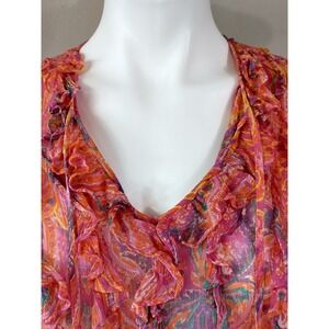 Lauren Ralph Lauren Silk Paisley Ruffle V Neck Tie Blouse Top S / P